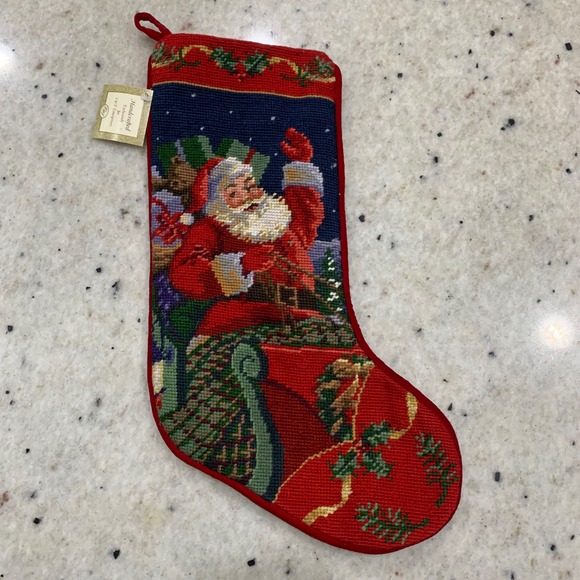 American Vintage Other - C&F Enterprises Handcrafted Needlepoint Santa Sleigh Christmas Stocking Red